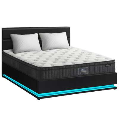Bed Frame with Mattress Queen Size LED Gas Lift Black LAYZ
