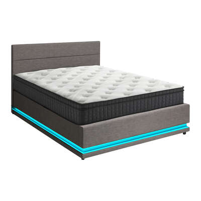 Bed Frame with Mattress Queen Size LED Gas Lift Grey LAYZ