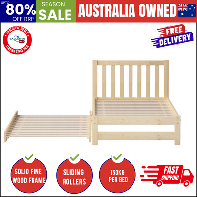 Trundle Bed Frame Single Wooden Timber Dual Bed Natural