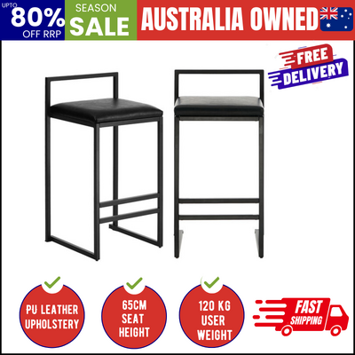 Modern Bar Stools 2-Pack PU Leather Counter Chairs Black Metal Frame 65cm