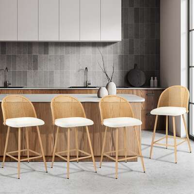 4x Bar Stools Rattan Dining Chair Natural Boucle White