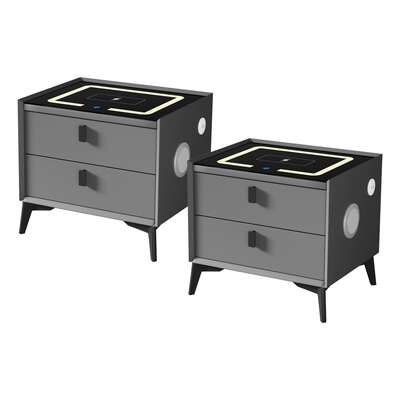 2x Smart Bedside Tables Wireless Charging LED Nightstand Grey