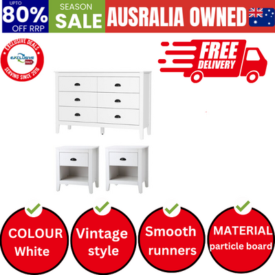 6 Chest of Drawers and 2 Bedside Tables Vintage Bedroom Set