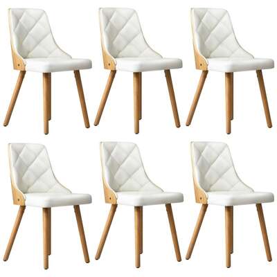 6x Wooden Dining Chairs with White Leather Padded Seats for Dining Room
