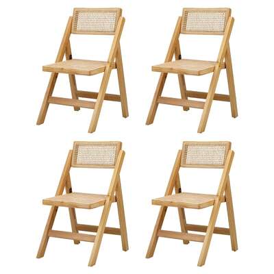 Set of 4 Folding Dining Chairs Rattan & Wooden Kitchen or Patio Seating