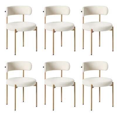 Boucle Dining Chair Kitchen Lounge Set 6 White Natural 51.5x51.5x77cm Metal Wood