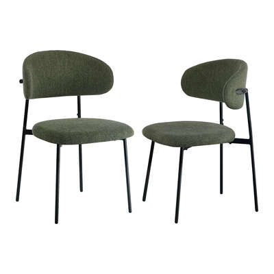 Dining Chair Set of 2 Green Linen Fabric with Contoured Foam Seat