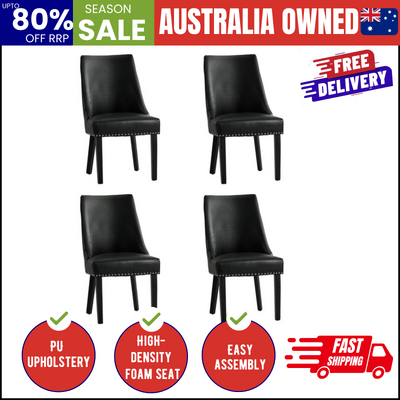 Dining Chair Set of 4 Black PU Leather with Winglet Padded Seat