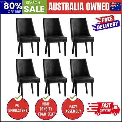Dining Chair Set of 6 Black PU Leather with Winglet Padded Seat