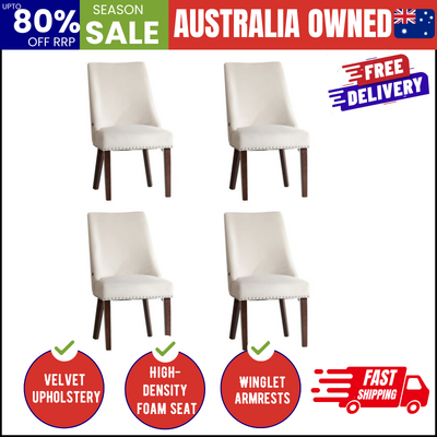 Dining Chair Set of 4 Beige Velvet with Winglet Padded Seat
