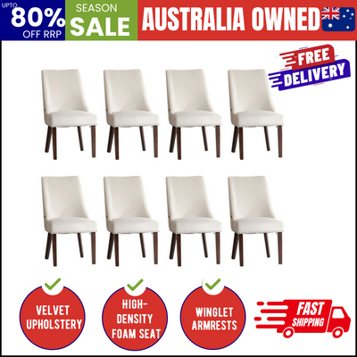 Dining Chair Set of 8 Beige Velvet with Winglet Padded Seat