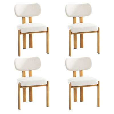 Dining Chair Set of 4 Beige Linen Fabric with Padded Foam Seat