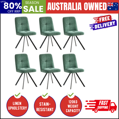 Dining Chair Set of 6 Green Linen Fabric Padded Seat Accent