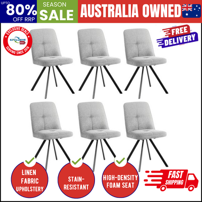 Dining Chair Set of 6 Grey Linen Fabric Padded Seat Accent
