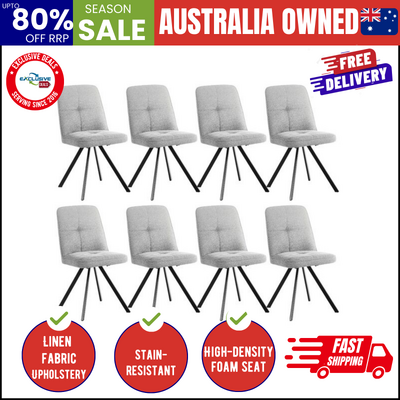 Dining Chair Set of 8 Grey Linen Fabric Padded Seat Accent