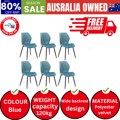 Set of 6 Dining Chairs Padded Seat Armless Velvet Blue