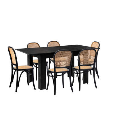160cm Extendable Dining Table with 6PCS Dining Chairs Rattan Black