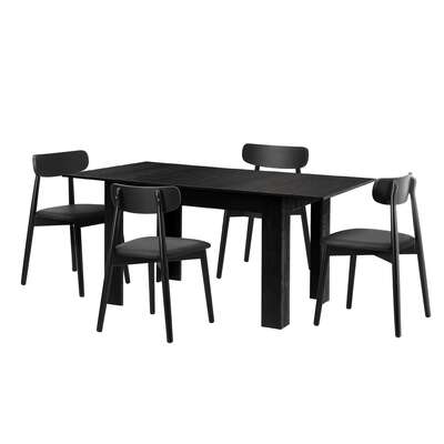 160cm Extendable Dining Table with 4x Dining Chairs PU Leather Black
