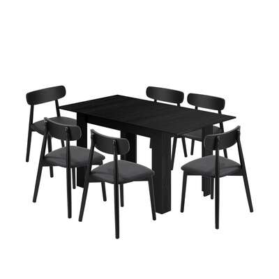 160cm Extendable Dining Table with 6x Dining Chairs PU Leather Black