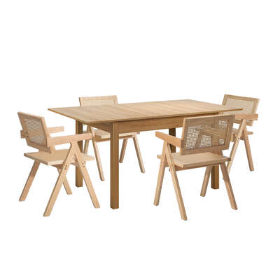 5pc Dining Table and Chairs Set Wooden Rattan Style Natural Finish