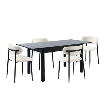 5 Piece Dining Table With Chairs Wooden Boucle Dining Set Black