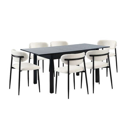 7 Piece Dining Table With Chairs Wooden Boucle Dining Set Black