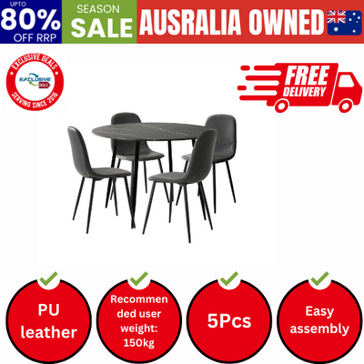 110cm Round Dining Table with 4PCS Dining Chairs PU Grey&Black