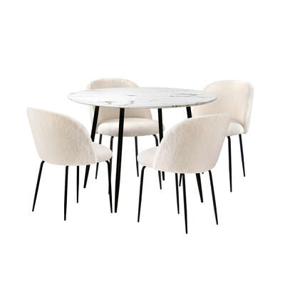Round Dining Table & 4PCS Dining Chairs White Sherpa