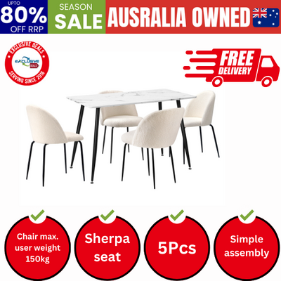 120cm Rectangle Dining Table with 4PCS Dining Chairs Sherpa White