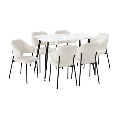 120cm Rectangle Dining Table Set with 6 Sherpa White Chairs for Dining