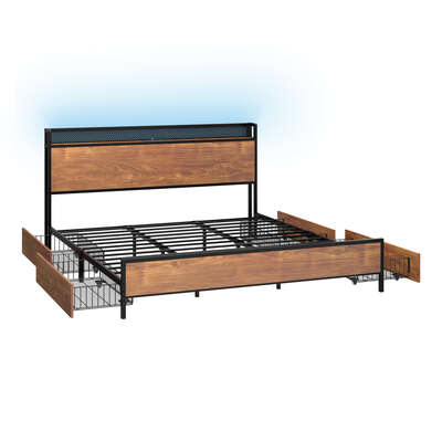Metal Bed Frame King Size with LED Headboard, 4 Storage Drawers & USB Ports
