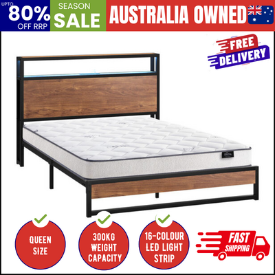 Industrial Metal Bed Frame Queen with LED, 4 Storage Drawers, USB & Mattress 219cm x 153cm