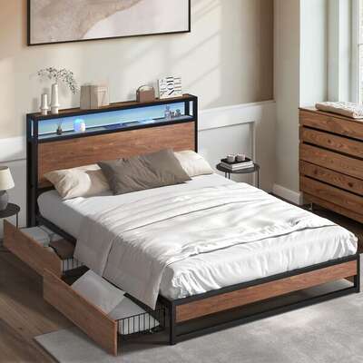 Metal Bed Frame Queen LED Storage Headboard USB Charging & 4 Drawers