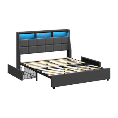 Double Bed Frame With Headboard RGB LED Lights USB Charging Drawer