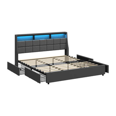 King Size Bed Frame With Headboard RGB LED Lights USB Charging Drawer