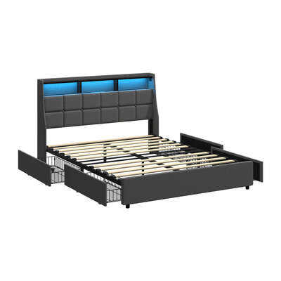 Queen Size Bed Frame With Headboard RGB LED Lights USB Charging Drawer