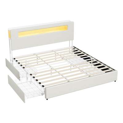King Size Bed Frame With 4 Drawers LED USB Charging Headboard