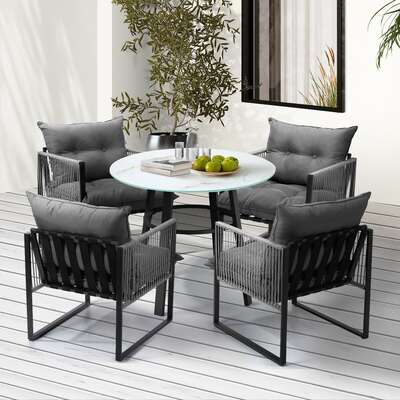 5PCS Outdoor Dining Set Round Table PE Wicker Chairs