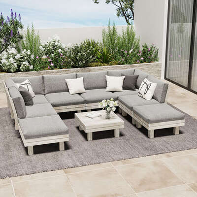9PCS Outdoor Sofa Set Wooden Lounge Setting Table Chair