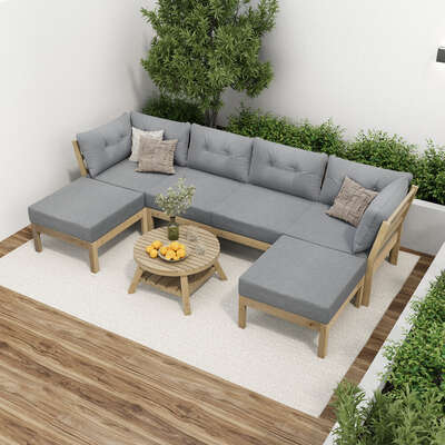 7 Piece Outdoor Lounge Sofa Set in Grey Rattan Garden Furniture for Patio