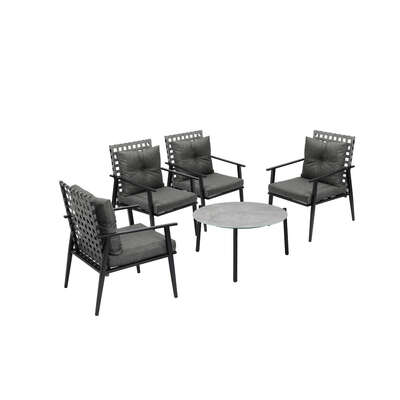 5pc Outdoor Patio Set 70CM Grey Marble Table Rattan Chairs