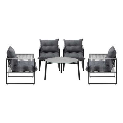 5PCS Outdoor Patio Set Grey 70cm Table Cushioned Armchairs