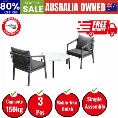 3PCS Outdoor Patio Set White 70cm Coffee Table Grey Chairs