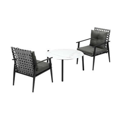 3pc Outdoor Patio Set 70CM White Marble Table Rattan Chairs