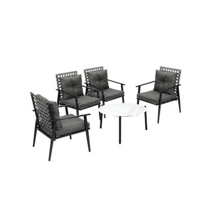 5PC Outdoor Patio Set 70CM White Marble Table with Rattan Chairs Garden