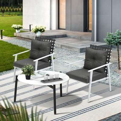 3pc Outdoor Lounge Sets 70CM White Round Table Rattan Chairs