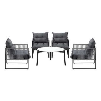 5PCS Outdoor Patio Set White 70cm Table Cushioned Armchairs