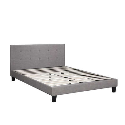Bed Frame Double Size Wooden Fabric Grey