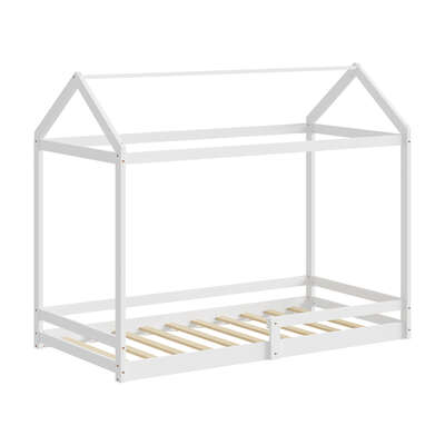 Kids Wooden Bed Frame House Frame Timber with Fence Single White