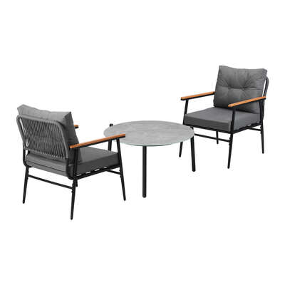 3PC Outdoor Patio Set 70cm Table Grey and Black Armchairs